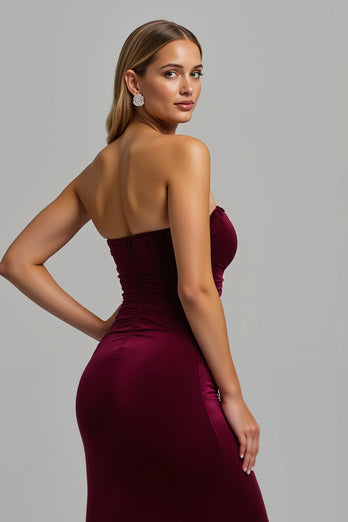 Simple Burgundy Strapless Sheath Long Holiday Party Dress with Slit