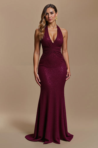 Sparkly Burgundy Mermaid SequinsHalter Long Holiday Party Dress