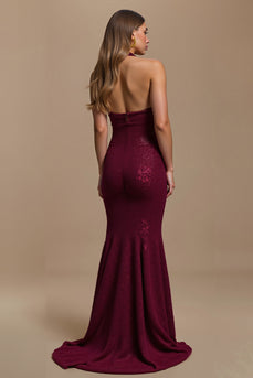 Sparkly Burgundy Mermaid SequinsHalter Long Holiday Party Dress