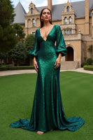 Load image into Gallery viewer, Sparkly Dark Green Mermaid Sequins Long Sleeves Holiday Party Dress