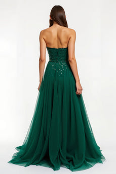 Sparkly Dark Green Strapless Tulle Long Holiday Party Dress with Beading
