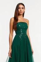 Load image into Gallery viewer, Sparkly Dark Green Strapless Tulle Long Holiday Party Dress with Beading