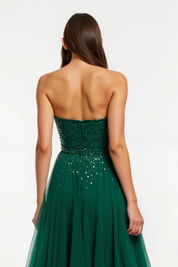 Sparkly Dark Green Strapless Tulle Long Holiday Party Dress with Beading