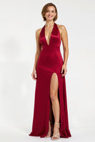 Load image into Gallery viewer, Burgundy Satin Sheath Halter Long Holiday Party Dress with Slit