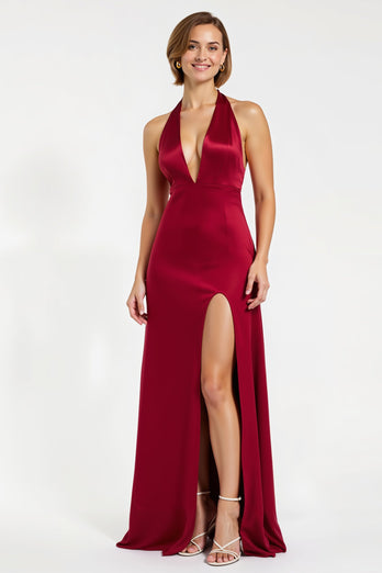 Burgundy Satin Sheath Halter Long Holiday Party Dress with Slit