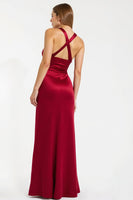 Load image into Gallery viewer, Burgundy Satin Sheath Halter Long Holiday Party Dress with Slit