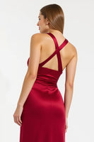 Load image into Gallery viewer, Burgundy Satin Sheath Halter Long Holiday Party Dress with Slit