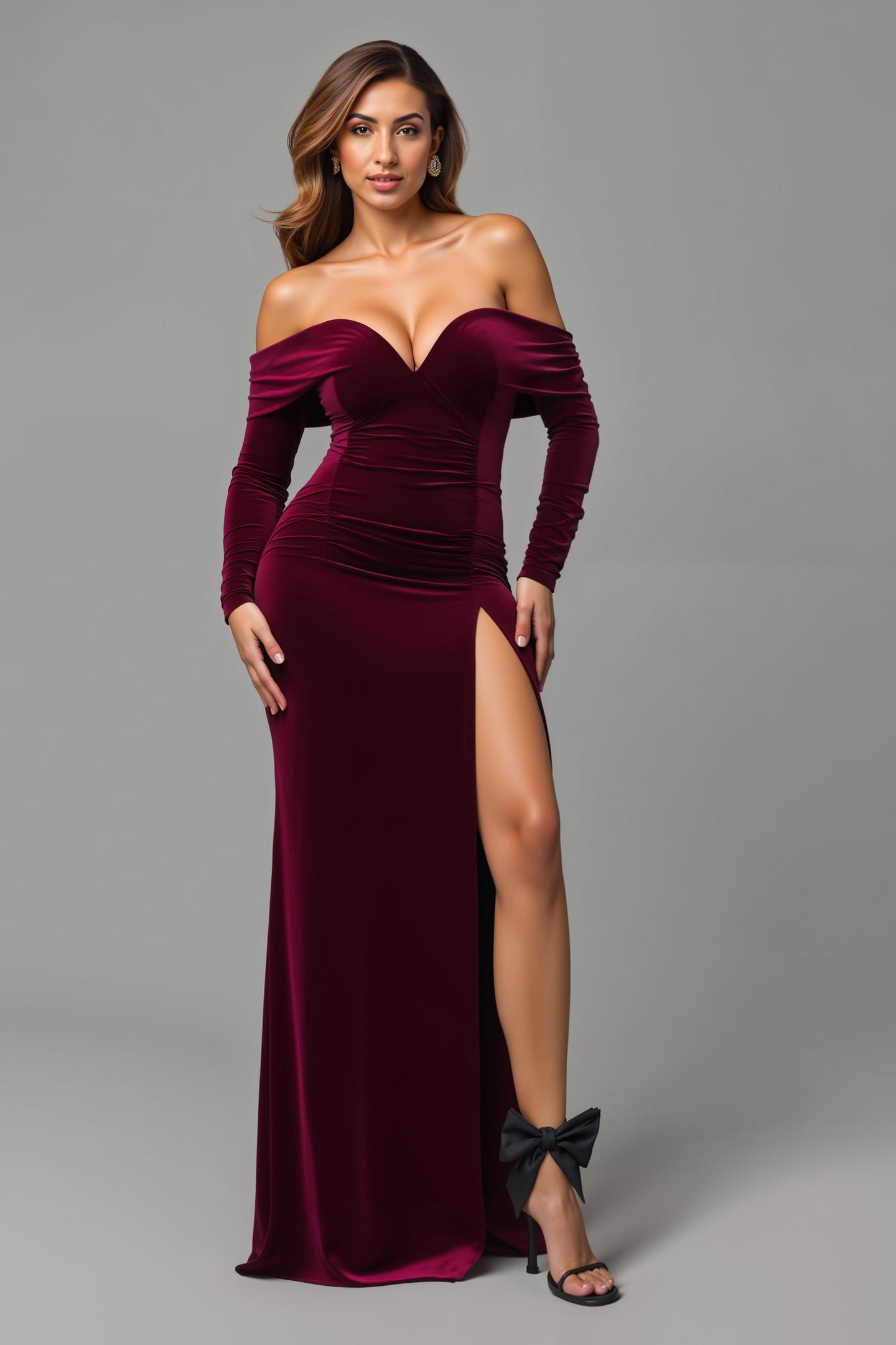 Burgundy Velvet Sheath Off the Shoulder Long Holiday Party Dress with Slit