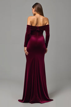 Burgundy Velvet Sheath Off the Shoulder Long Holiday Party Dress with Slit