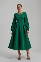 Load image into Gallery viewer, Sparkly Dark Green A Line Long Sleeves Holiday Party Dress with Beading