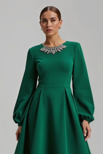 Sparkly Dark Green A Line Long Sleeves Holiday Party Dress with Beading