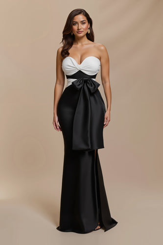 Black and White Patchwork Satin Sweetheart Long Formal Dress with Bow