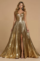 Load image into Gallery viewer, Sparkly Golden Spaghetti Straps Metallic Long Prom Dress with Slit