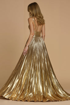 Sparkly Golden Spaghetti Straps Metallic Long Prom Dress with Slit