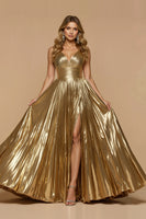 Load image into Gallery viewer, Metallic Golden A Line V-Neck Pleated Long Prom Dress with Slit