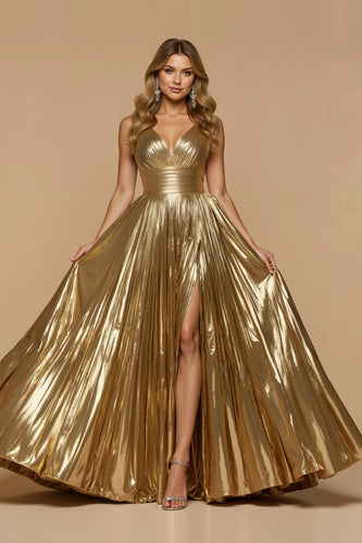 Metallic Golden A Line V-Neck Pleated Long Prom Dress with Slit