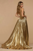 Load image into Gallery viewer, Metallic Golden A Line V-Neck Pleated Long Prom Dress with Slit