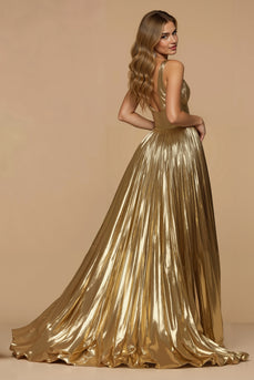 Metallic Golden A Line V-Neck Pleated Long Prom Dress with Slit