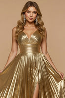 Load image into Gallery viewer, Metallic Golden A Line V-Neck Pleated Long Prom Dress with Slit