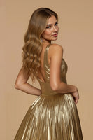 Load image into Gallery viewer, Metallic Golden A Line V-Neck Pleated Long Prom Dress with Slit