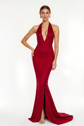 Red Satin Mermaid Long Holiday Party Dress with Slit