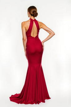 Red Satin Mermaid Long Holiday Party Dress with Slit