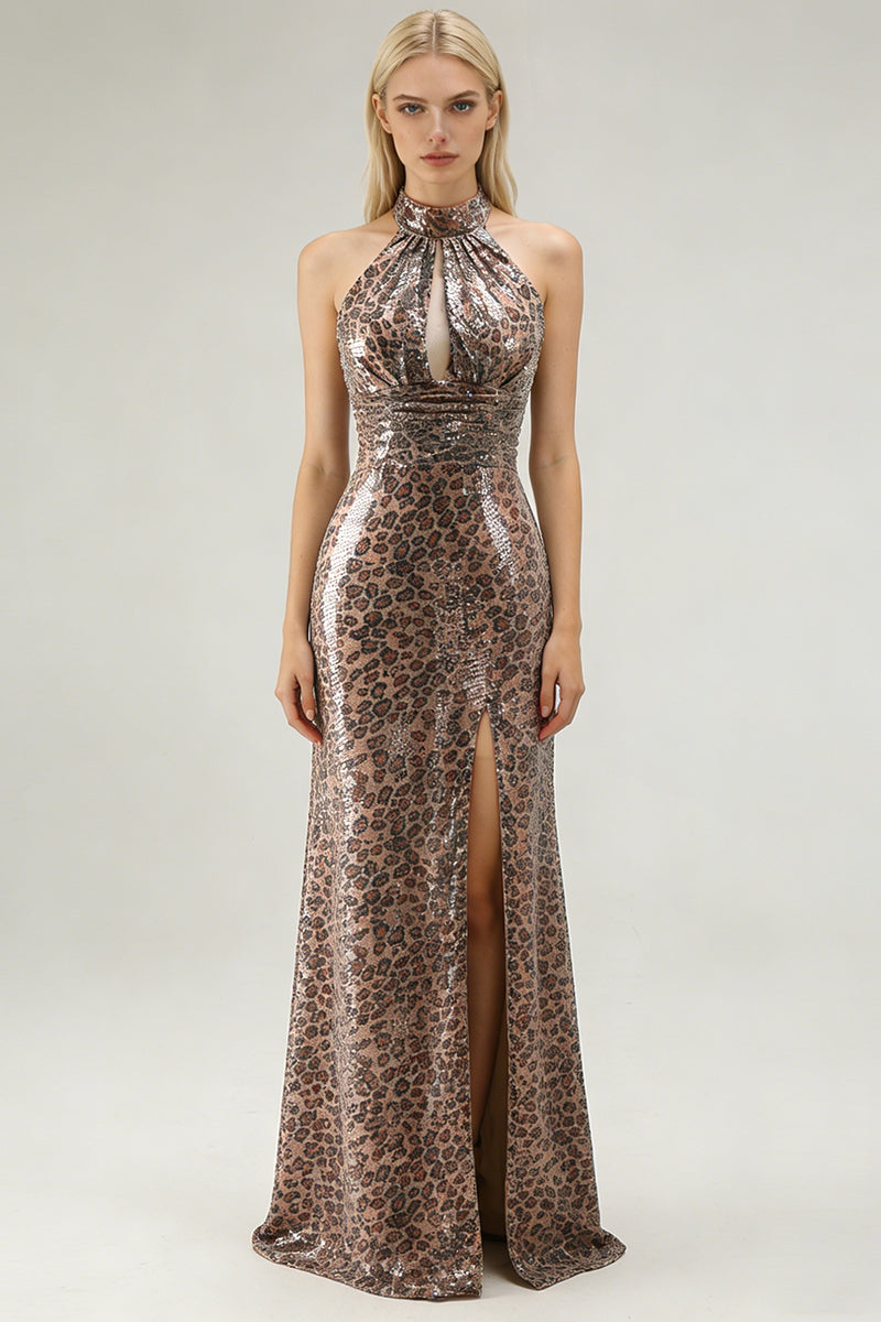 Load image into Gallery viewer, Sparkly Golden Leopard Sequin Mermaid Long Prom Dress with Keyhole