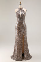 Load image into Gallery viewer, Sparkly Golden Leopard Sequin Mermaid Long Prom Dress with Keyhole