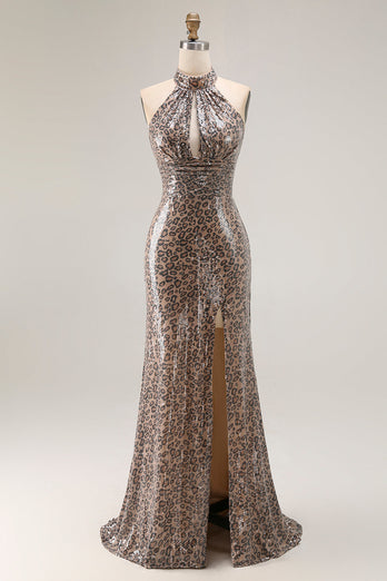 Sparkly Golden Leopard Sequin Mermaid Long Prom Dress with Keyhole