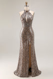 Sparkly Golden Leopard Sequin Mermaid Long Prom Dress with Keyhole