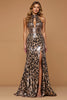 Load image into Gallery viewer, Sparkly Golden Leopard Sheath Long Holiday Party Dress with Slit