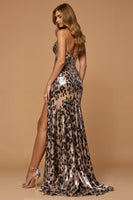 Load image into Gallery viewer, Sparkly Golden Leopard Sheath Halter Keyhole Long Holiday Party Dress with Slit