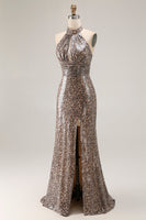 Load image into Gallery viewer, Sparkly Golden Leopard Sequin Mermaid Long Prom Dress with Keyhole