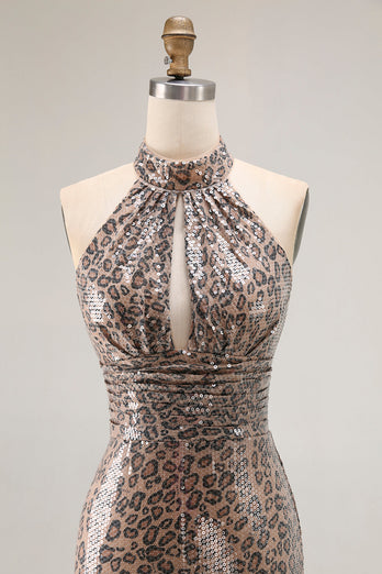 Sparkly Golden Leopard Sequin Mermaid Long Prom Dress with Keyhole