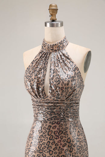 Sparkly Golden Leopard Sequin Mermaid Long Prom Dress with Keyhole