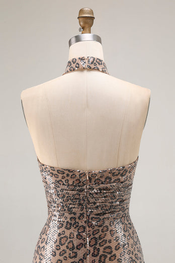 Sparkly Golden Leopard Sequin Mermaid Long Prom Dress with Keyhole