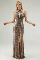 Load image into Gallery viewer, Sparkly Golden Leopard Sequin Mermaid Long Prom Dress with Keyhole