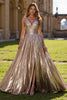 Load image into Gallery viewer, Golden Metallic V-Neck A Line Long Prom Dress with Slit