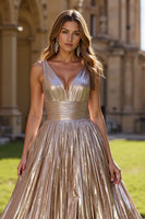 Load image into Gallery viewer, Golden Metallic V-Neck A Line Long Prom Dress with Slit