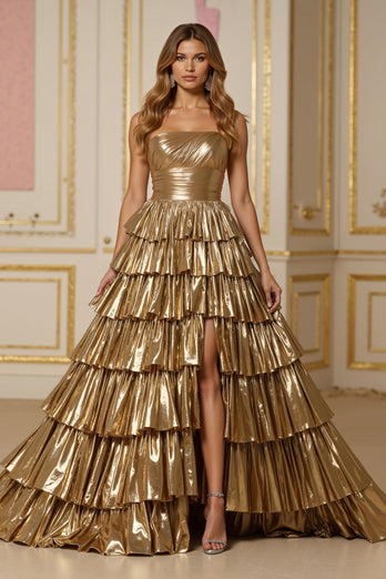 Sparkly Golden Metallic A Line Tiered Long Prom Dress with Slit