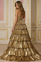 Load image into Gallery viewer, Sparkly Golden Metallic A Line Tiered Long Prom Dress with Slit