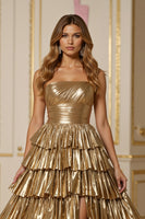 Load image into Gallery viewer, Sparkly Golden Metallic A Line Tiered Long Prom Dress with Slit