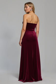 Burgundy Strapless Ruched Long Holiday Party Dress with Slit