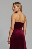Load image into Gallery viewer, Burgundy Strapless Ruched Long Holiday Party Dress with Slit