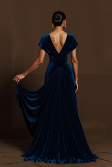 Royal Blue A Line V-Neck Long Holiday Party Dress with Sleeves