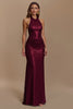 Load image into Gallery viewer, Glitter Burgundy Sheath Ruched Halter Long Holiday Party Dress