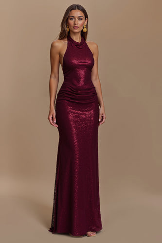 Glitter Burgundy Sheath Ruched Halter Long Holiday Party Dress