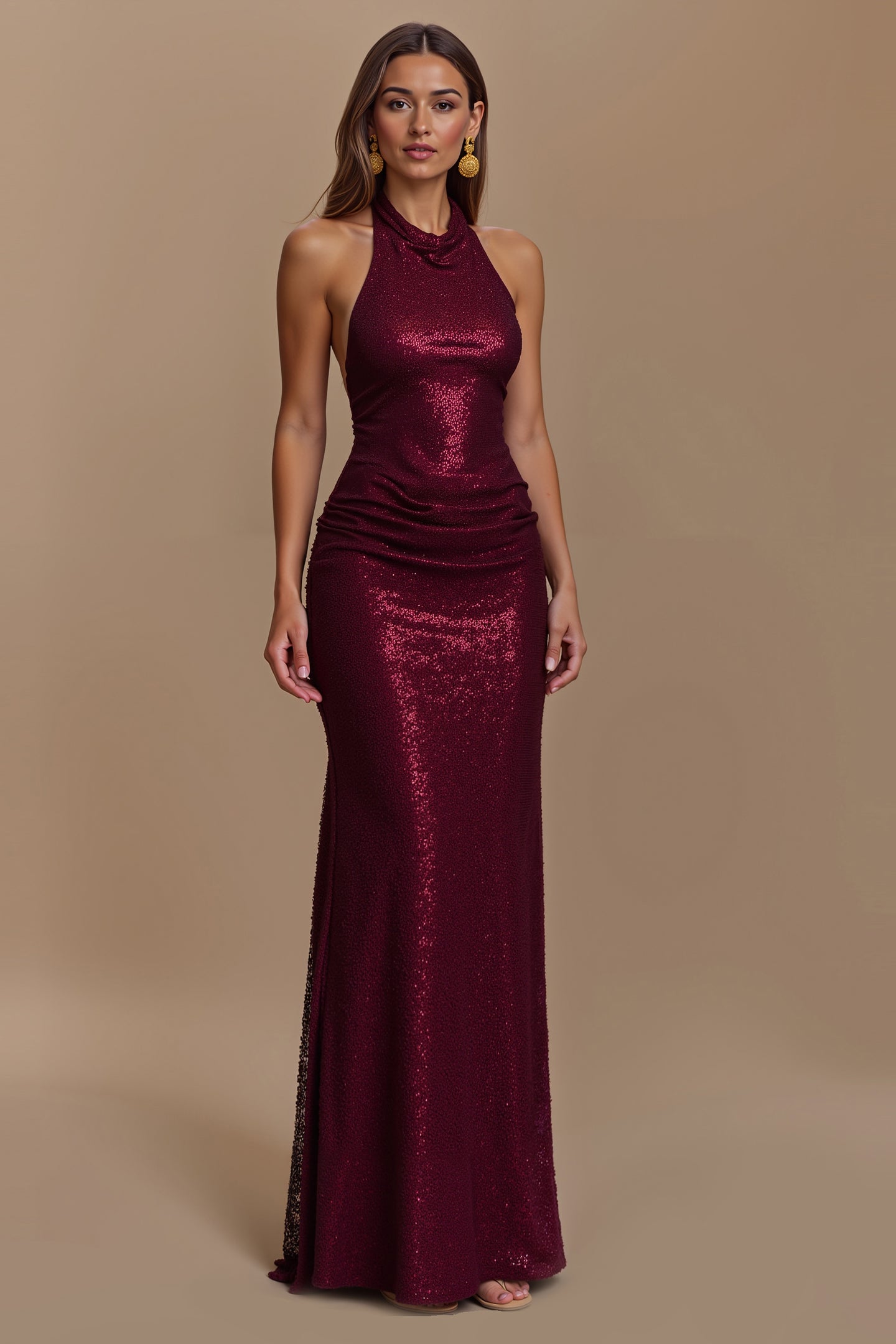 Glitter Burgundy Sheath Ruched Halter Long Holiday Party Dress