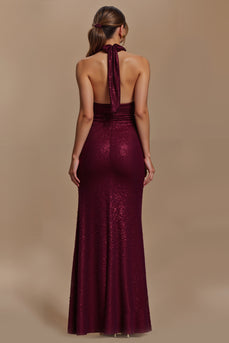 Glitter Burgundy Sheath Ruched Halter Long Holiday Party Dress