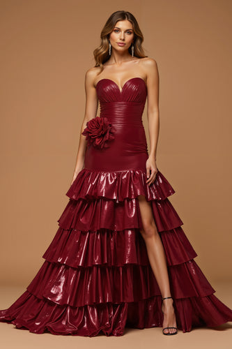 Metallic Burgundy Sweetheart Tiered Long Prom Dress with Slit